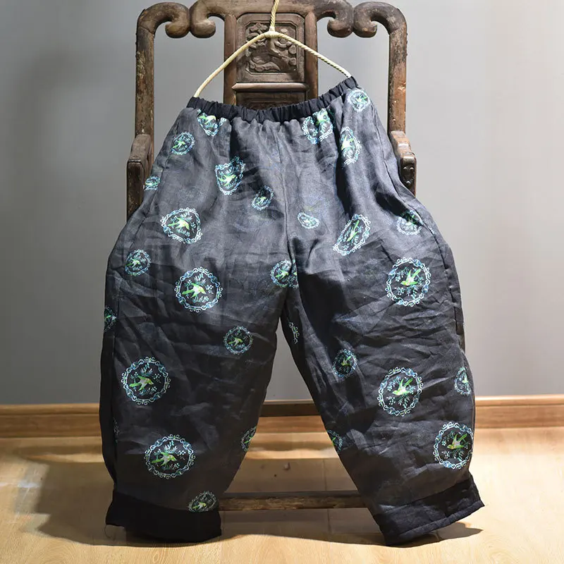 Women Elastic Waist Loose Printed Retro Padded Pants Ladies Vintage Vintage Casual Pants Female