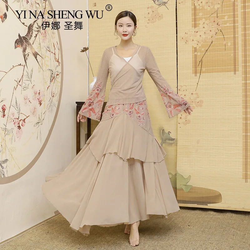 

Summer Printing Women Classical Dance Long Flared Sleeves Tops China Traditional Folk Dance Skirt Professional Practice Clothes
