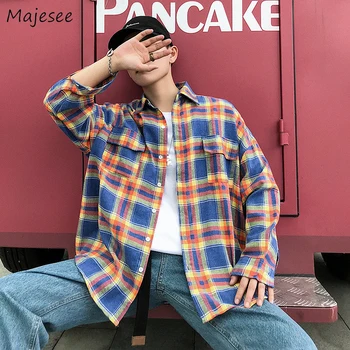 

Shirts Men Autumn Plaid Shirt Long Sleeve BF Loose Mens Clothing 2020 Korean Style Casual Harajuku Males Clothes Pockets Daily