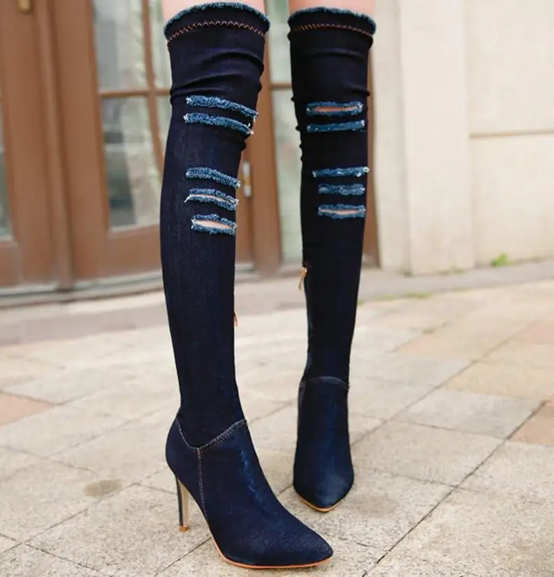 Женские ботфорты выше колена; Feminino; сапоги-гладиаторы с острым носком на высоком тонком каблуке; джинсовые ботинки; Chaussures; Femme; AB1168