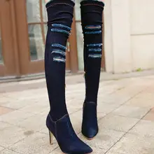 Женские ботфорты выше колена; Feminino; сапоги-гладиаторы с острым носком на высоком тонком каблуке; джинсовые ботинки; Chaussures; Femme; AB1168