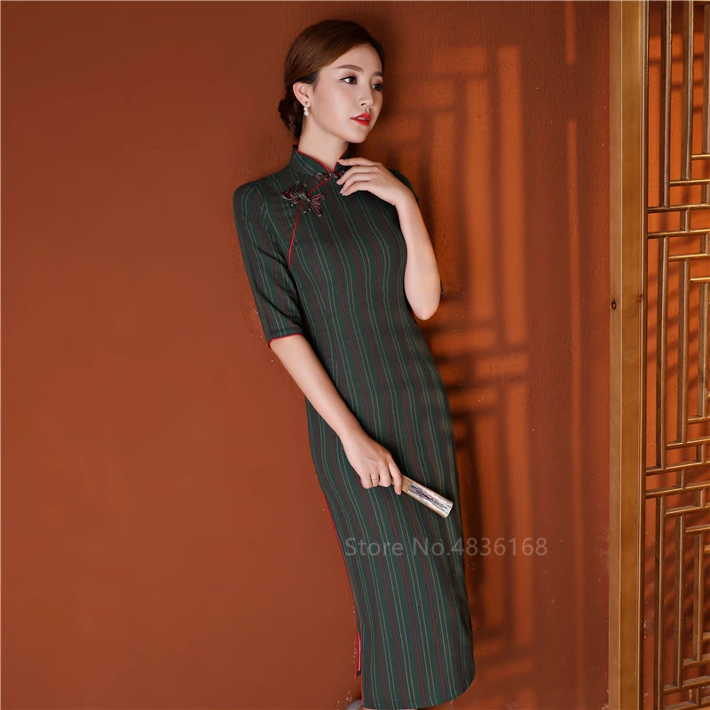 Cheongsam платье Qipao элегантное женское атласное платье для женщин Винтажная Вечеринка рукав воротник Сплит китайский стиль новый год