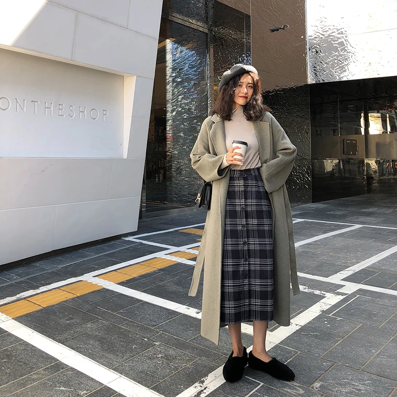 

Vintage Female Long Plaid Skirt Casual Slim High Waist Package Straight Spring&Autumn Women's Fashion B20