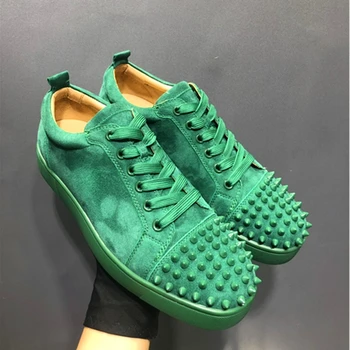 

Low Top Red bottom Green Genuine leather Sports Shoes Men Casual Flats Loafers Sharp Rivets Black Toecap Runway Outdoor Sneakers