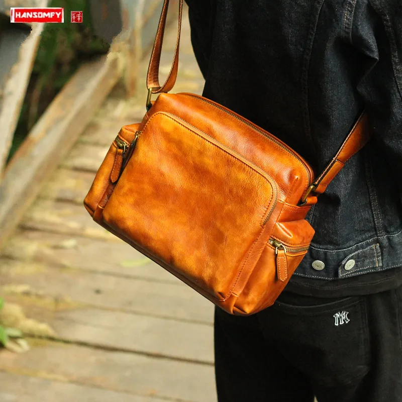 

Men Shoulder Messenger Bag Men's Leather Casual Retro Male Small Bag Trend Function Wind Camera Bags The First Layer of Leather