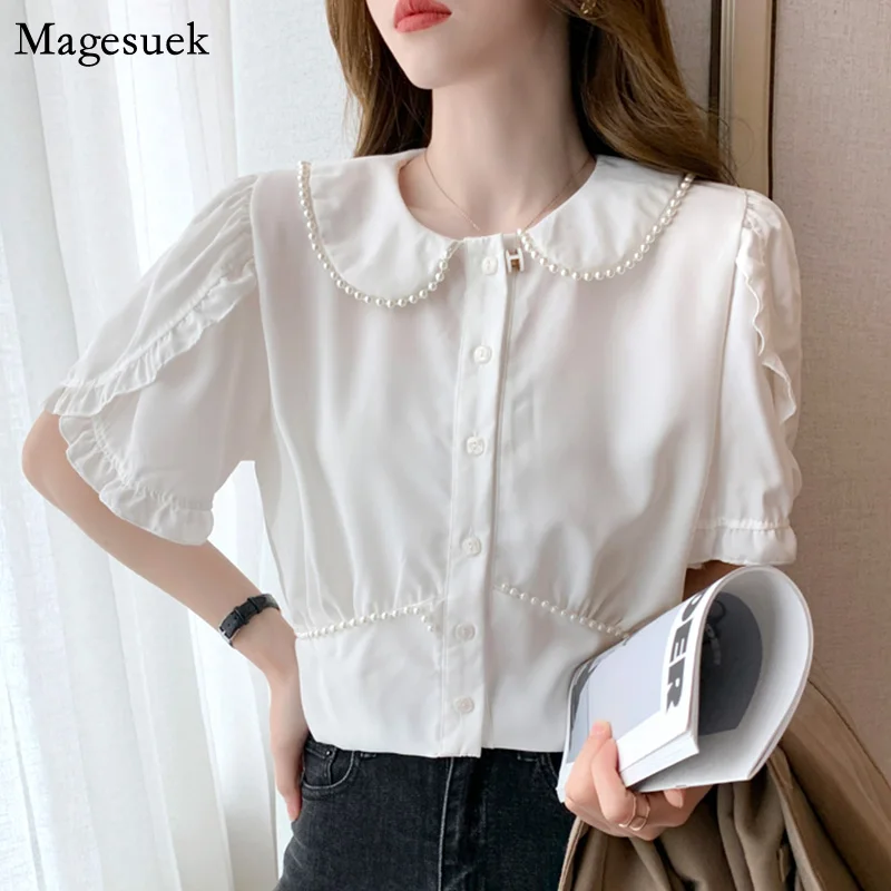 

Beading Single-breasted White Shirts For Women Summer 2021 New Short Sleeve Woman Blouses Ruffles Sweet Ladies Tops Blusas 15613