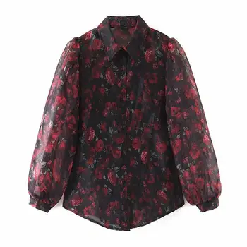 

Women Elegant Floral Print Organza Blouse Spring Shirt Lantern Long Sleeve Stylish Blouses Casual Turn Down Collar Chic Shirt