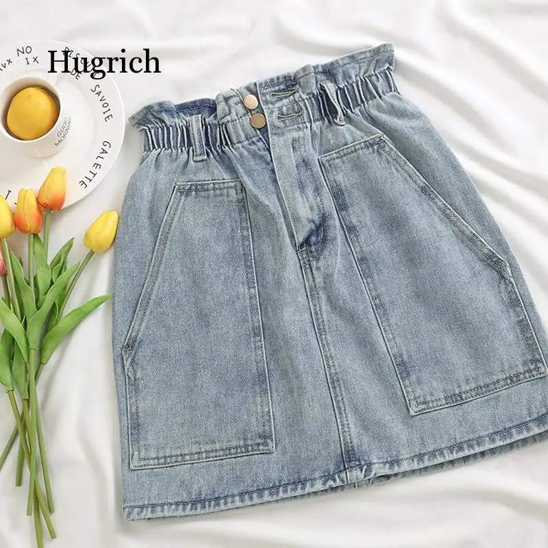 

Elastic Waist Summer Women Denim Skirt Pockets Sexy White High Waist Jeans Skirts A-Line Casual Ruffles Female Mini Saia Mujer