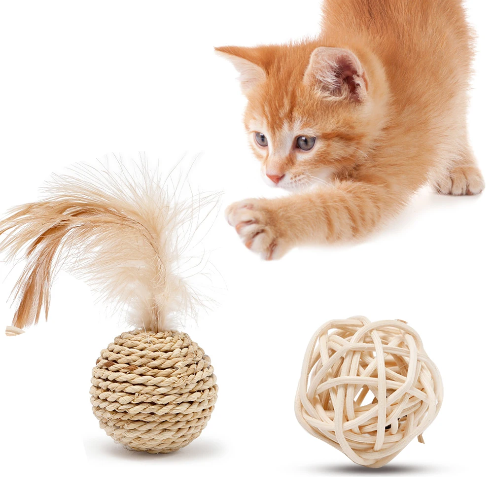 Забавная плетеная веревка Sisal для кошек игрушка из ротанга с перьями