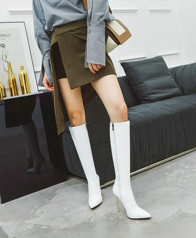 Black Red White Patent Leather Sexy Knee High Boots Super Heel Women's Tall Boots Pointy Toe Winter Dress Boots Side Zipper