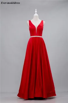 

Robe Modest Red Prom Dresses V-Neck Lace-Up Back Beaded Sash A-Line Floor Llength Simple Evening Occasion Gowns Cheap Customized