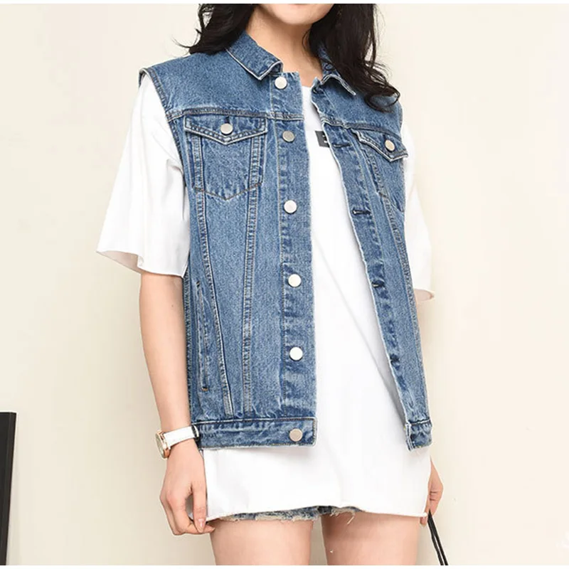 Autumn Large Size 6XL Casual Women's Denim Vest Short Sleeveless Turn-down Collar Ladies Vests New Slim Female Waist Vest
