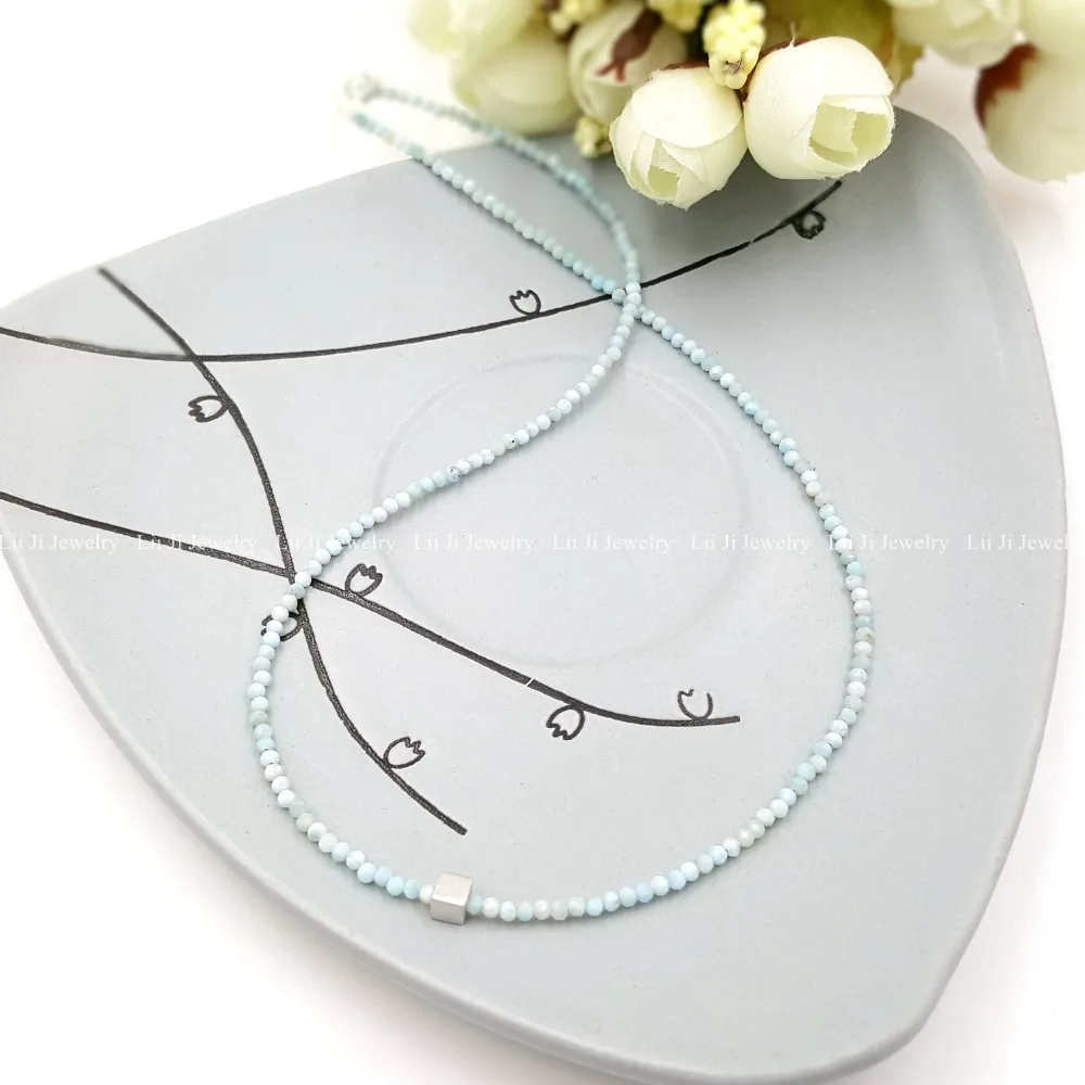 

LiiJi Unique Tiny Larimar 925 Sterling Silver Matte Cube 925 Sterling Silver Shining Necklace for Women or Men Jewelry