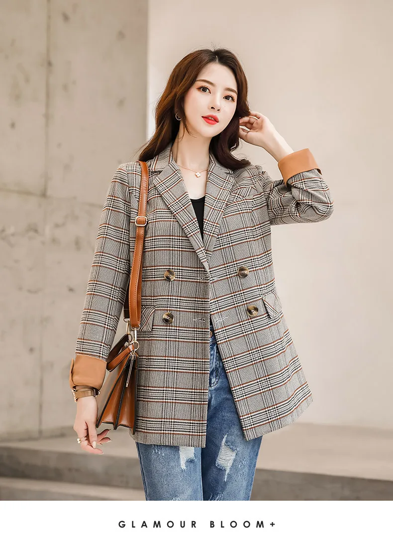 Small Suit Women's Autumn New Style Fashion Pattern Loose-Fit Coat Double Breasted Wear Plaid Suit WOMEN'S Dress