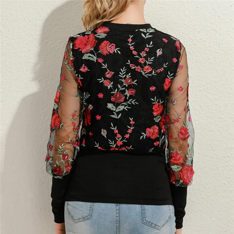 ladies shirts New Embroidery Floral Sheer Mesh Sleeve Blouse Shirts Women 2020 Spring Patchwork Pullovers Elegant Sexy See Through Tops satin shirts for women