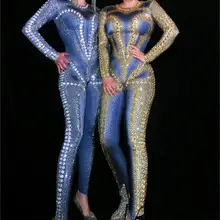 Блестящие кристаллы ню Комбинезон Танец представление костюм для праздника яркие Стразы Боди Певица платья на день рождения