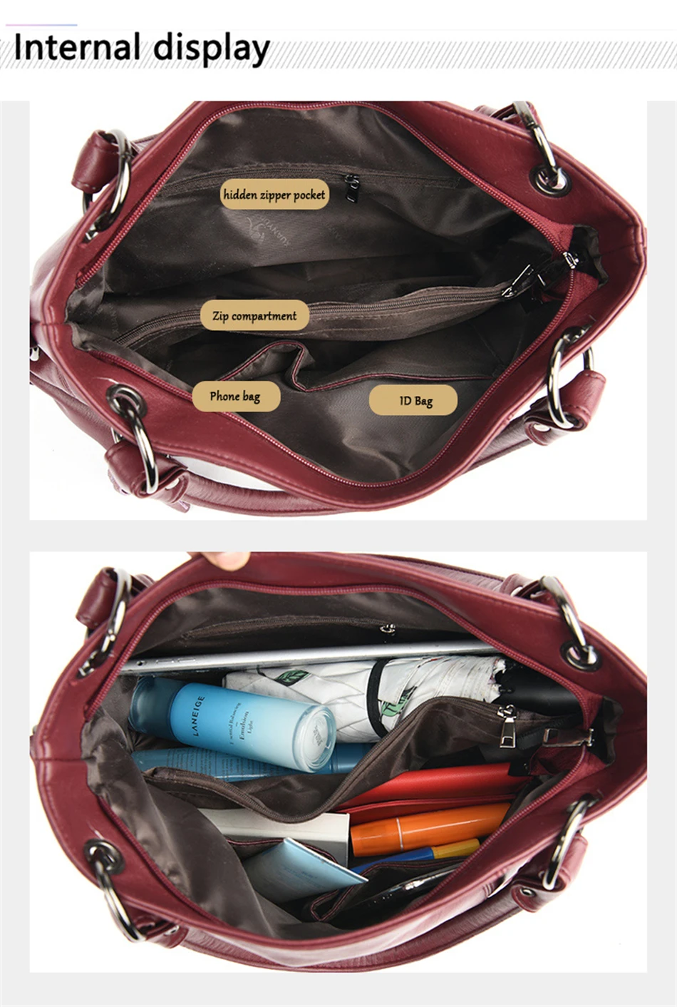Sac cabas souple porté épaule femme rouge fonce
