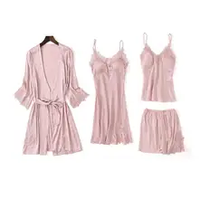 Атласное женское домашнее платье, 4 шт., ночная рубашка и халат, шелковистая Пижама, кимоно, халат, Повседневная Ночная рубашка, домашняя одежда, сексуальный халат, ночная рубашка