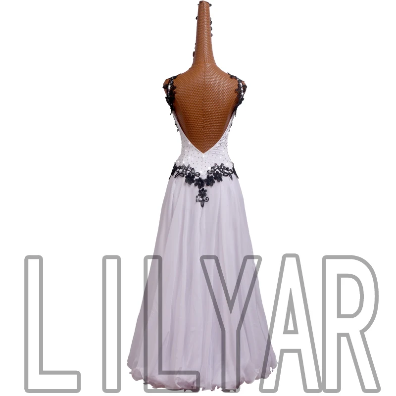 Ballroom Standard Competition Costume Performance Adult White Dance Dress Black Embroidery G