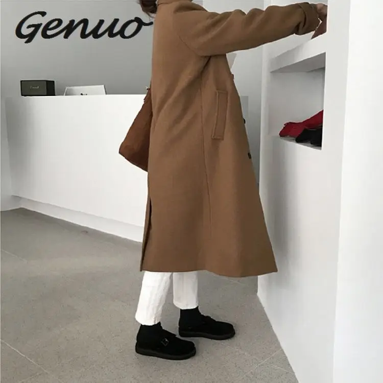 Genuo Новое корейское шикарное пальто женское модное шерстяное уличное пальто весеннее теплое Новое однотонное длинное женское универсальное пальто размера плюс