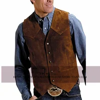 Men's Cow Leather Suit Waistcoat Steampunk Vest Western Cowboy Style S-XXXL 1
