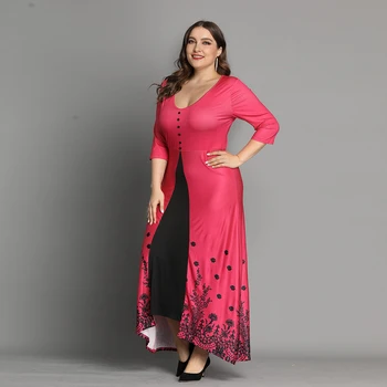 

Patchwork Plus Size Ladies Dress Floral Print Three Quarters Sleeve Formal Women Dress Spring Autumn Elegant Maxi Dress D40