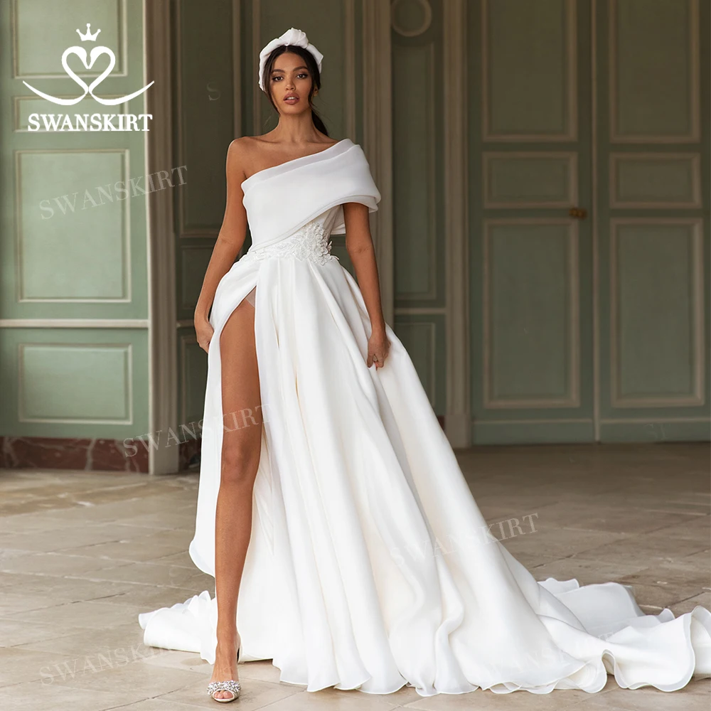 Fashion Bow Wedding Dress 2021 Elegant Appliques One Shoulder Split A Line Bridal Gown Princess SwanSarah P101 Vestido De Novia