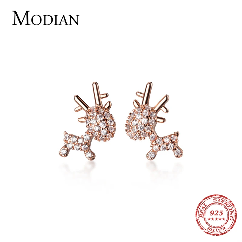 

MODIAN Fashion 925 Sterling Silver Shining Clear CZ Cute Elk Pattern Luxury Stud Earring for Wome Fine Jewelry Christmas Gift