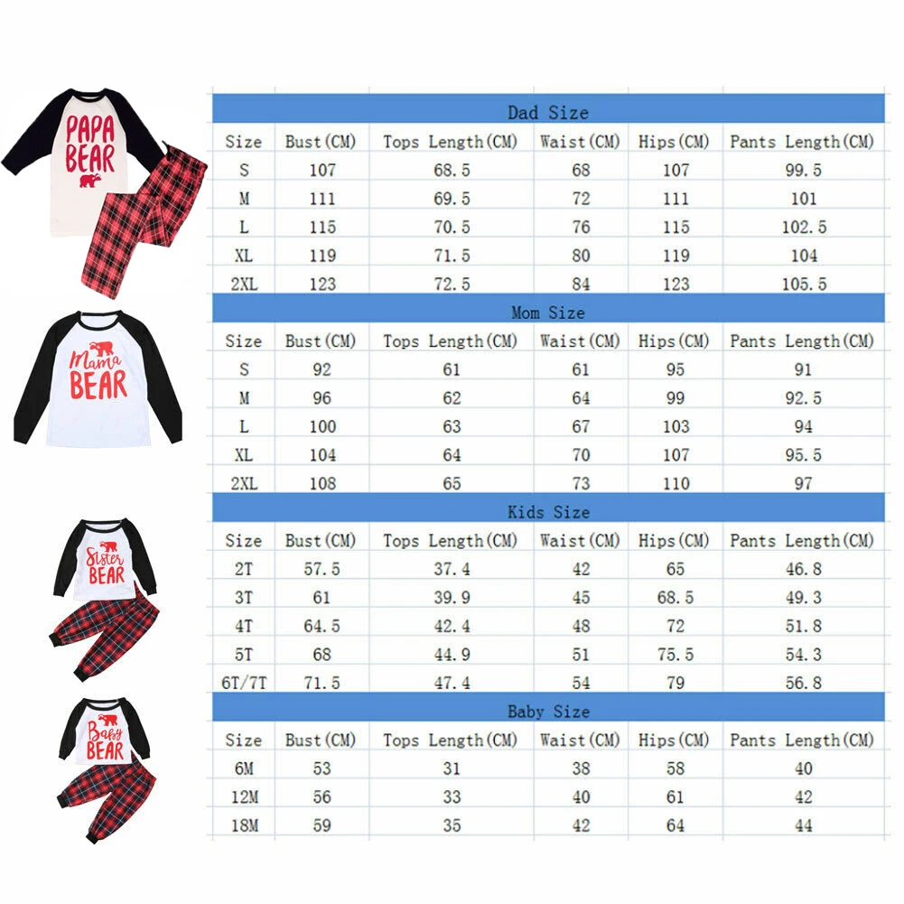Рождественские одинаковые комплекты для семьи; пижамные комплекты; топы с принтом медведя+ клетчатые штаны; одежда для сна для родителей и детей; одежда для сна из 2 предметов