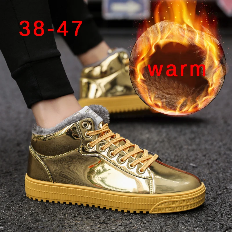 

EUR38~47 Winter Cool Men Boots 2019 High Top Gold Sneakers Lace Up Crystal Platform Flats Gold Shoes Man krasovki Bling Shoes
