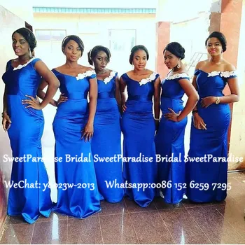 

Royal Blue Mermaid Bridesmaid Dresses With White Appliques Off Shoulder Long Wedding Guest Dress Party Robe Demoiselle D'honneur