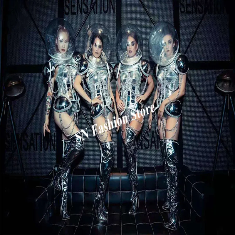 P96 Party ballroom dance stage costume silver mirror robot women suit armor female outfit perform clothe dj dress glass ball bar | Дом и сад