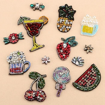 

Handmade Rhinestone Beaded Patches Flower Fruits Drink Fashion Sew on Crystal Pearl Patch for Clothes Beaded Applique Cute Patch