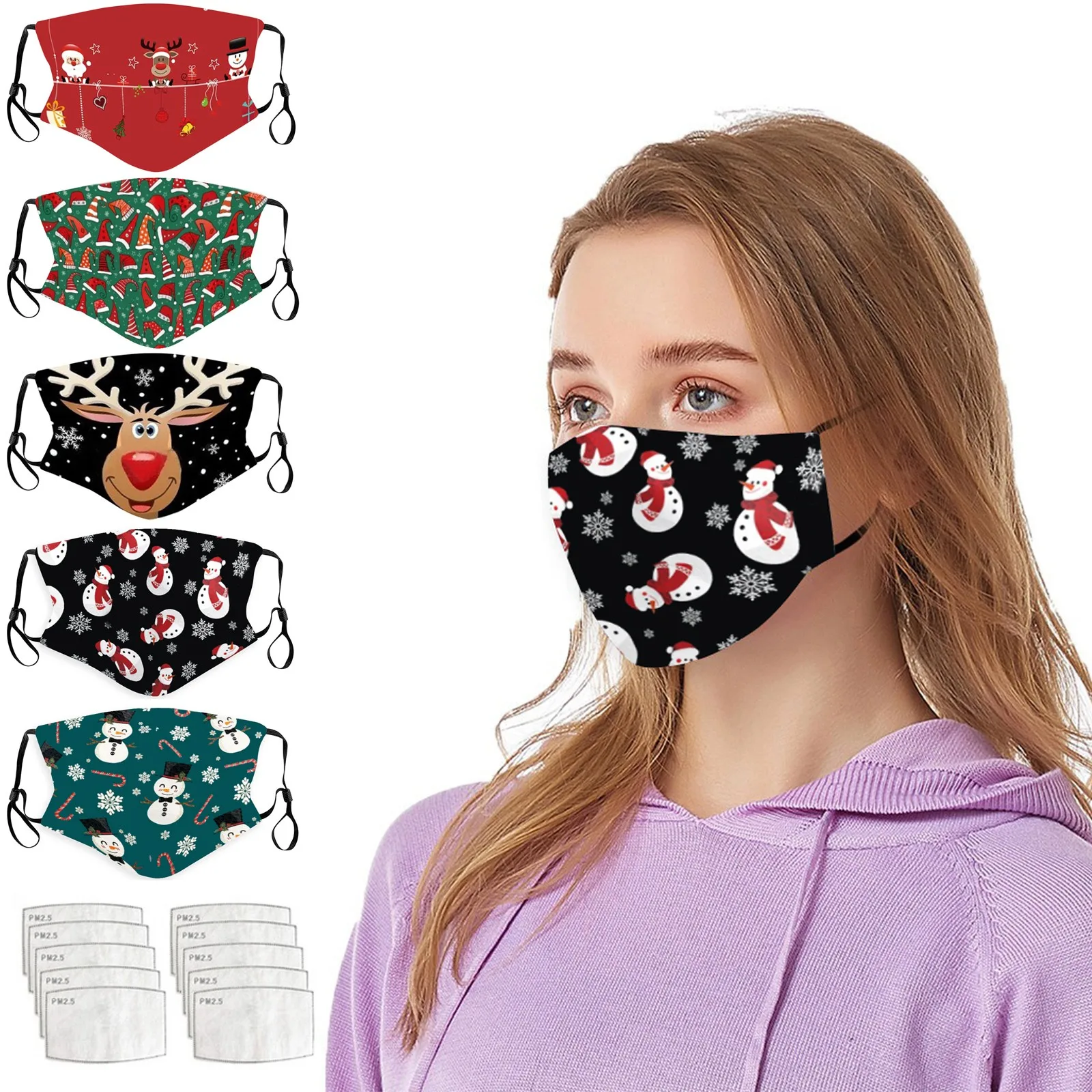 

2021 Christmas PM2.5 Breathable Print Mouth Nose Protect Safety Survial Products Unisex Reusable Washable