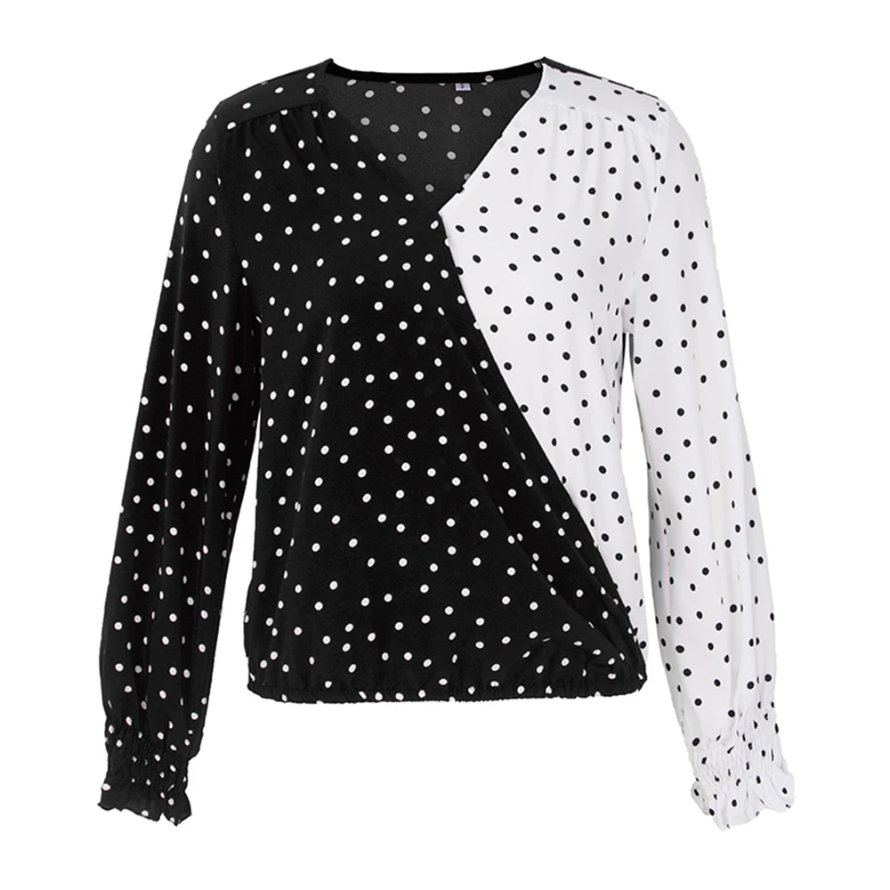 

Women's Long Sleeve Cross V Neck Casual Shirts Wave Dot Print Patchwork Color Loose Casual Design Fashion New Dropshipping O28