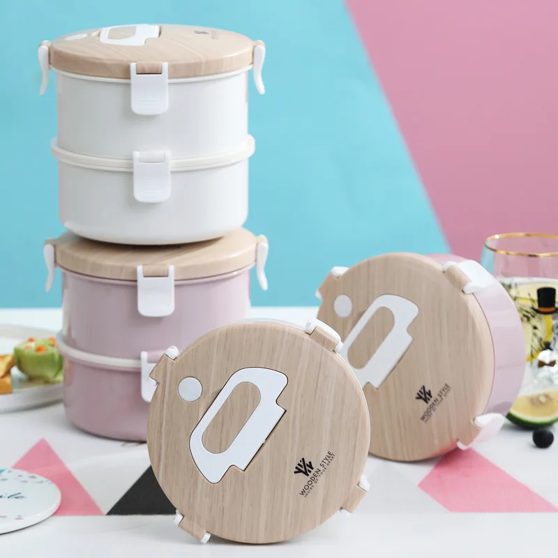 

2 Style Stainless Steel Lunch Box Round Lifting Pot Double Layer Fresh-keeping Bento Box with Fork Leak-proof Heat Preservation