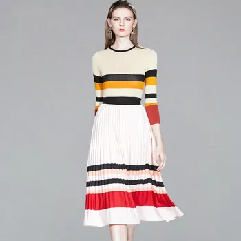 

Stretch knitting 2 Pieces Sets Women Striped Pullover & Vintage Pleated Skirt 2019 Winter Office Casual Skirt Suits