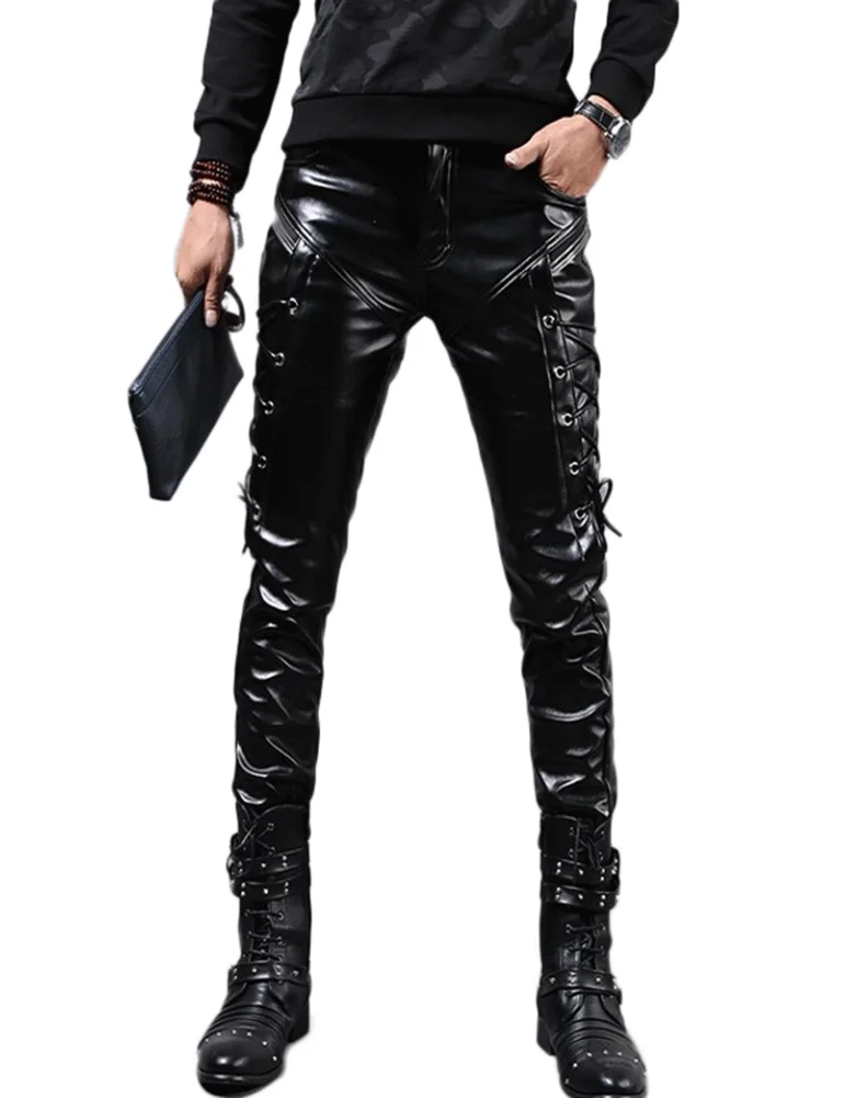 Idopy Men`s Pleather Pants Punk Style Skinny Lace Up Party Stage Performance Night Club Steampunk Faux PU Leather Trousers