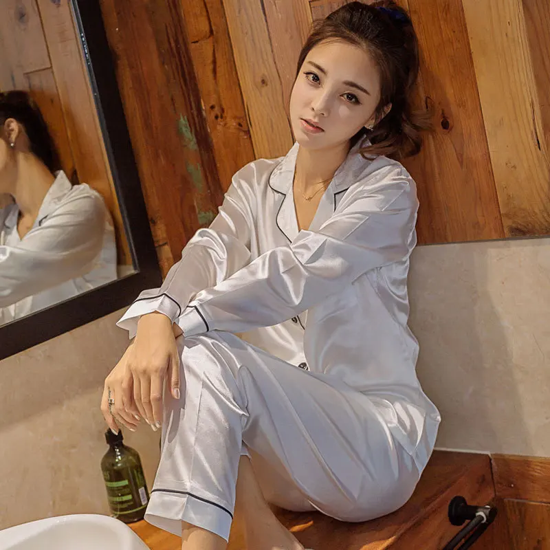 2-piece pajamas trousers suit women lapel silk long-sleeved home service ladies sexy satin ice silk pajamas spring autumn