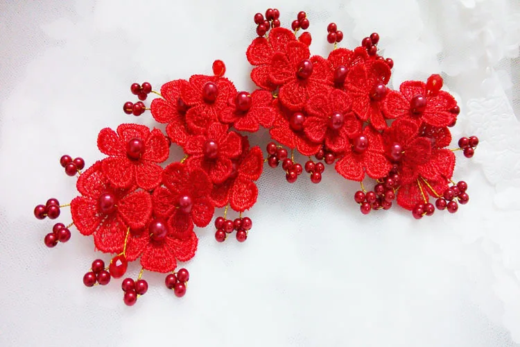 1PCSC Handmade Lace Red Wedding Flower Pearl Short Hair Bridal Tiara Wedding Dress Hair Accessories