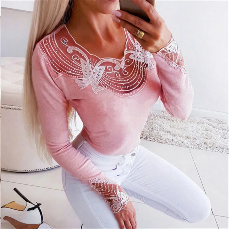 Women Butterfly Lace T Shirt Elegant Ladies Long Sleeve Slim Tee Shirt Femme Stretch tshirt Bodycon Autumn Top Streetwear