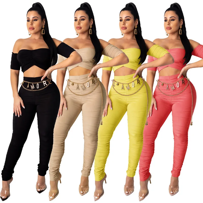 

New Women Personality Fashion Bandage Pants and Off Shoulder Top Two Piece Set Sexy Midriff-baring Clothes