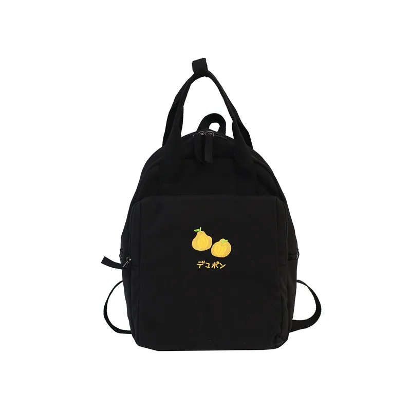 Модный женский рюкзак с фруктовой вышивкой, маленькая свежая Водонепроницаемая нейлоновая однотонная сумка на плечо для девочек, школьная сумка для подростков - Цвет: Черный