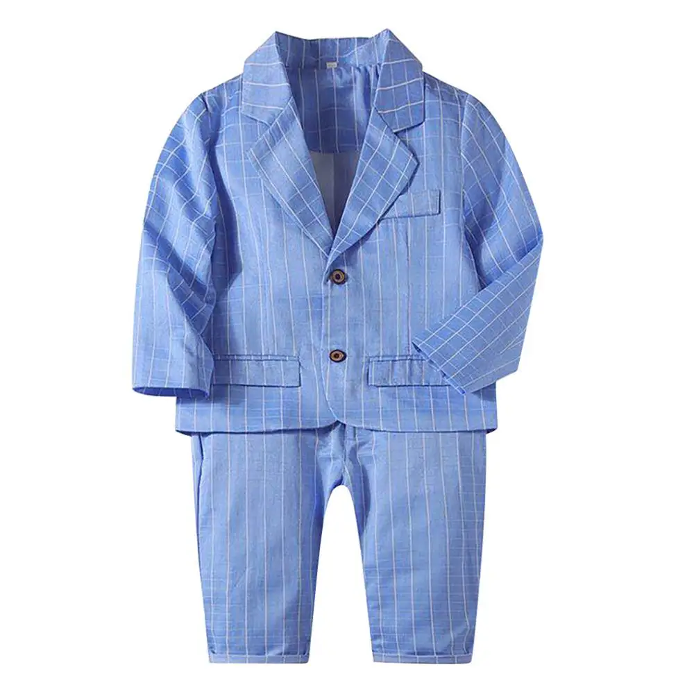 Одежда для маленьких мальчиков Милая Одежда для маленьких мальчиков детская клетчатая полосатая куртка с длинными рукавами, пальто, штаны, костюм Одежда для От 6 месяцев до 3 лет - Цвет: Light Blue