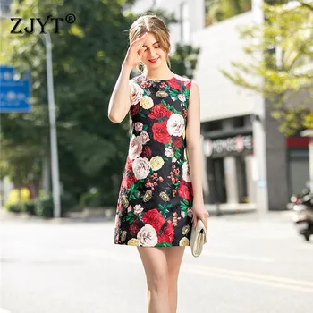 

High Street Fashion Spring Runway Dress 2020 New Woman Clothes Elegant O Neck Sleeveless Beading Floral Print Vintage Tank Dress