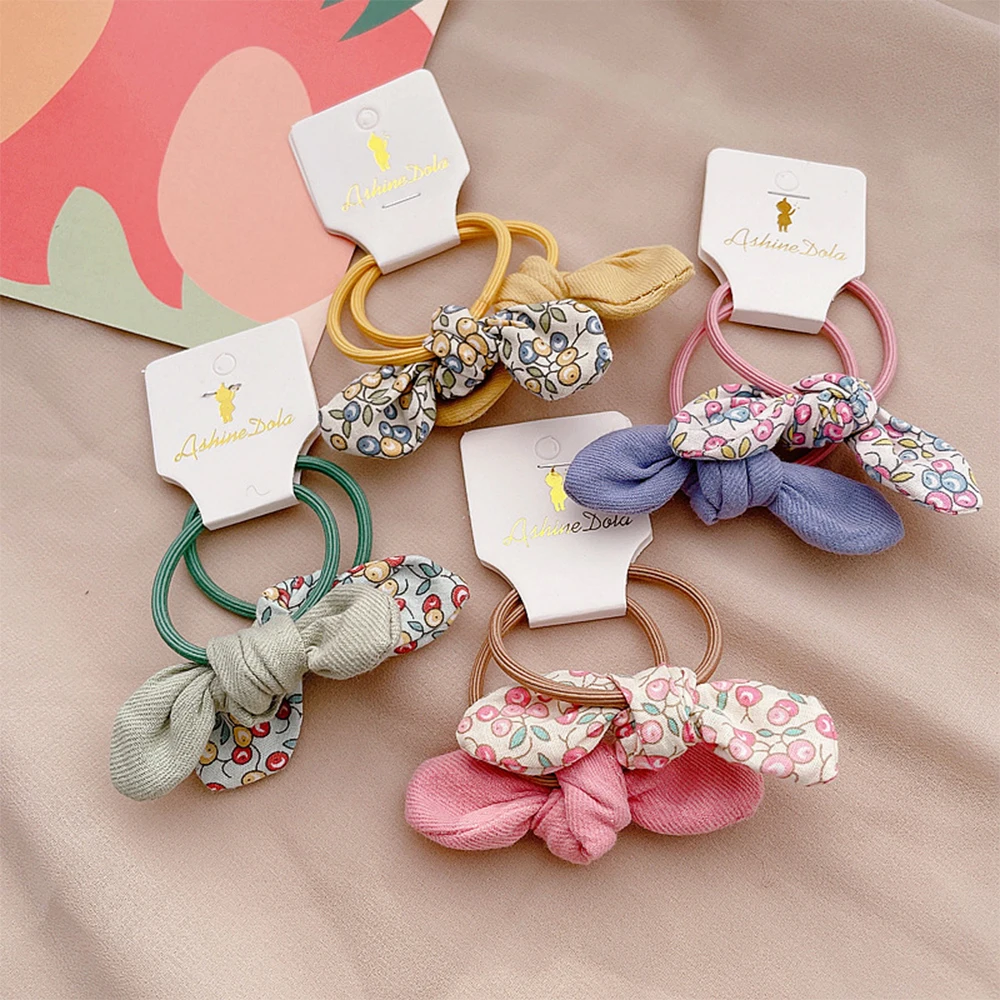 2Pcs Children's Cute Hair Rope Nordic Style Floral Cherry Fabric Rabbit Ears Rubber Band Sweet Girl Ponytail Hair Accessories baby accessories designer