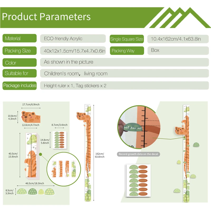 Tofok 3D мультяшный тигр, детская линейка для измерения роста, настенная наклейка, акриловая, для детской комнаты, для детского сада, запись роста, настенное украшение