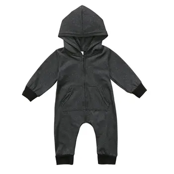 

Kids Infant Baby Boy Warm Romper Jumpsuit Spring Long Sleeve Solid Dark Gray Hooded Poacket Clothes Clothing Zipper Outfit