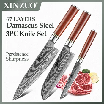 

XINZUO 3 PCS Professional Kitchen Knife Set Japanese VG10 Damascus Steel Kitchen Cutlery Sharp Santoku Utility Chef's Knives