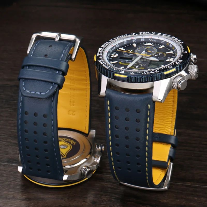 

22mm 23mm Blue color Genuine Leather Watchband Strap Men's Watchband For Citizen AT8020-54L/JY8078 with folding buckle bracelet